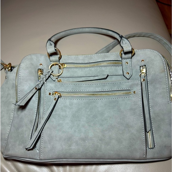 Gray Marbled Faux Leather Satchel with 8 Compartments - Gold Hardware - EUC - Picture 2 of 10